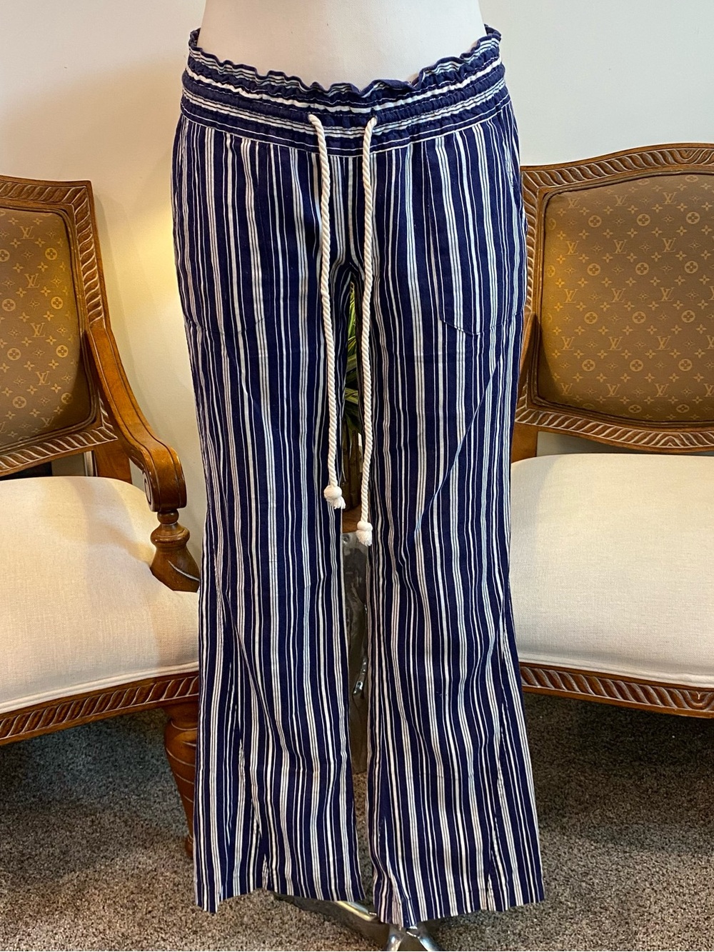 Roxy Striped Navy Drawstring Linen Pants, Size Small
